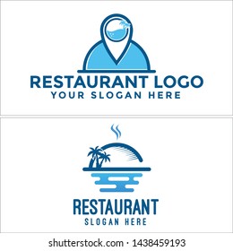 Blue line art logo design combine serving lid and pin map with island suitable for restaurant food beach business