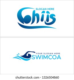 Blue line art people waves people swim swash water splash combination mark logo design concept suitable for coach education training sport