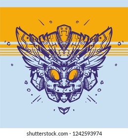 Blue line art robotic owl illustration vector template