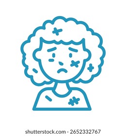 Blue Line Art of a Sad Girl with Curly Hair and Scratches