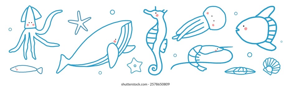 Blue line art of sea creatures like squid, whale, seahorse, and jellyfish. Sea creatures drawn in simple, playful style. Sea creatures in ocean theme. Doodle illustrations, vector set.