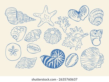 Blue Line Art Sea Shell Bundle – Marine Graphic Set. Ideal for crafting, scrapbooking, greeting cards, textile prints, and digital collages with a coastal theme.