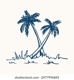 Blue Line Art Tropical Palm Trees