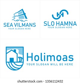 Blue line art wave home building combination mark logo design concept suitable for sea villas lodging resorts hotels