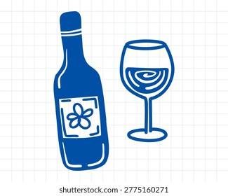 Blue line art wine bottle and glass doodle with floral label, simple summer drink icon in Mediterranean sketch style. Vector illustration.