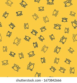 Blue line Artificial satellites orbiting the planet Earth in outer space icon isolated seamless pattern on yellow background. Communication, navigation concept.  Vector Illustration