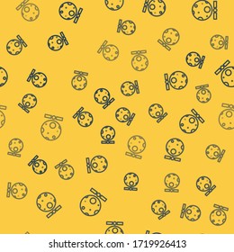 Blue line Artificial satellites orbiting the planet Earth in outer space icon isolated seamless pattern on yellow background. Communication, navigation concept.  Vector Illustration