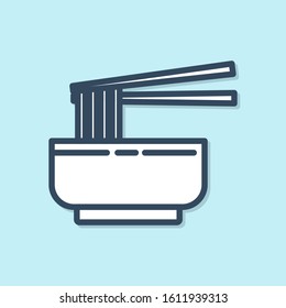Blue line Asian noodles in bowl and chopsticks icon isolated on blue background. Street fast food. Korean, Japanese, Chinese food.  Vector Illustration