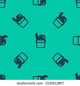 Blue line Asian noodles in paper box and chopsticks icon isolated seamless pattern on green background. Street fast food menu. Korean, Japanese, Chinese food.  Vector Illustration
