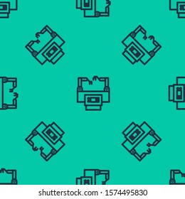 Blue line Assembly line icon isolated seamless pattern on green background. Automatic production conveyor. Robotic industry concept.  Vector Illustration