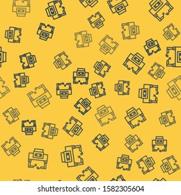 Blue line Assembly line icon isolated seamless pattern on yellow background. Automatic production conveyor. Robotic industry concept.  Vector Illustration