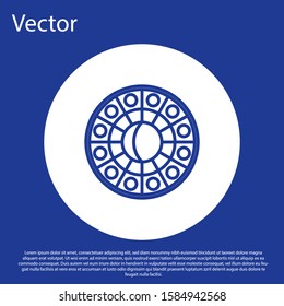 Blue line Astrology horoscope circle with zodiac icon isolated on blue background. White circle button. Vector Illustration