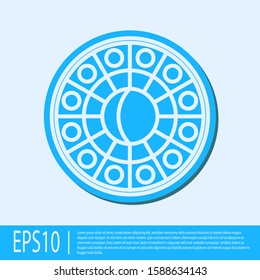 Blue line Astrology horoscope circle with zodiac icon isolated on grey background.  Vector Illustration