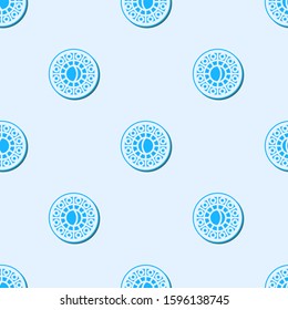 Blue line Astrology horoscope circle with zodiac icon isolated seamless pattern on grey background.  Vector Illustration