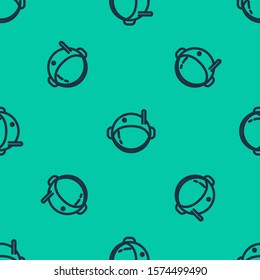 Blue line Astronaut helmet icon isolated seamless pattern on green background.  Vector Illustration