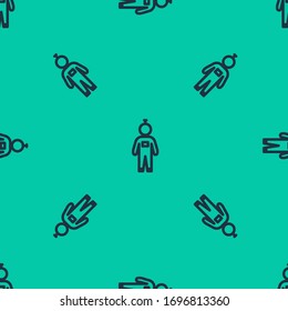 Blue line Astronaut icon isolated seamless pattern on green background.  Vector Illustration