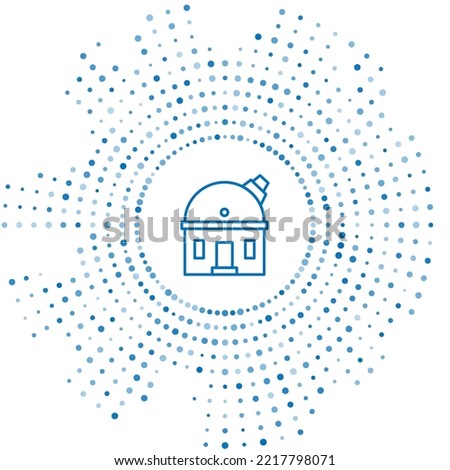 Blue line Astronomical observatory icon isolated on white background. Observatory with a telescope. Scientific institution. Abstract circle random dots. Vector Illustration