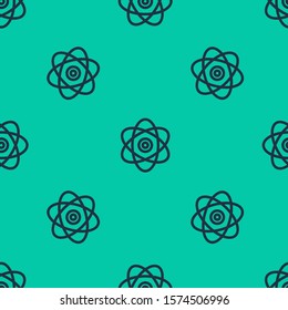 Blue line Atom icon isolated seamless pattern on green background. Symbol of science, education, nuclear physics, scientific research. Electrons and protons sign.  Vector Illustration