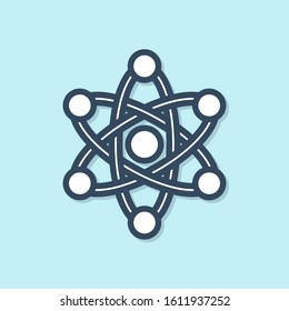 Blue line Atom icon isolated on blue background. Symbol of science, education, nuclear physics, scientific research.  Vector Illustration