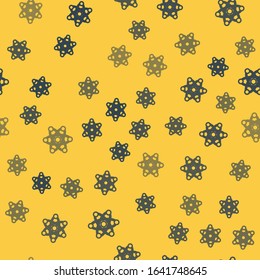 Blue line Atom icon isolated seamless pattern on yellow background. Symbol of science, education, nuclear physics, scientific research.  Vector Illustration