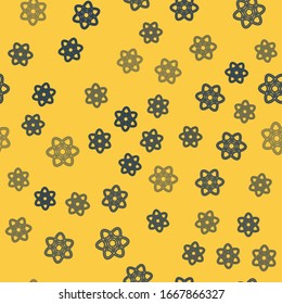 Blue line Atom icon isolated seamless pattern on yellow background. Symbol of science, education, nuclear physics, scientific research.  Vector Illustration
