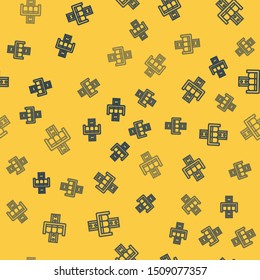 Blue line Attraction carousel icon isolated seamless pattern on yellow background. Amusement park. Childrens entertainment playground, recreation park.  Vector Illustration