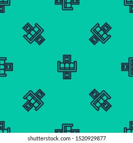 Blue line Attraction carousel icon isolated seamless pattern on green background. Amusement park. Childrens entertainment playground, recreation park.  Vector Illustration