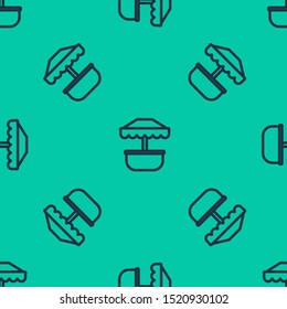 Blue line Attraction carousel icon isolated seamless pattern on green background. Amusement park. Childrens entertainment playground, recreation park.  Vector Illustration