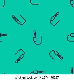 Blue line Audio jack icon isolated seamless pattern on green background. Audio cable for connection sound equipment. Plug wire. Musical instrument.  Vector Illustration