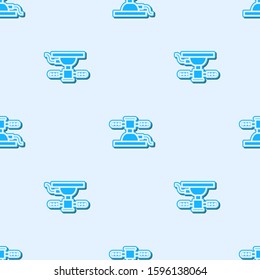 Blue line Automatic irrigation sprinklers icon isolated seamless pattern on grey background. Watering equipment. Garden element. Spray gun icon.  Vector Illustration