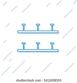 Blue line Automatic irrigation sprinklers icon isolated on white background. Watering equipment. Garden element. Spray gun icon.  Vector Illustration