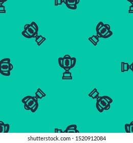 Blue line Award cup and American football ball icon isolated seamless pattern on green background. Winner trophy symbol. Championship or competition trophy.  Vector Illustration