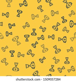 Blue line Award cup icon isolated seamless pattern on yellow background. Winner trophy symbol. Championship or competition trophy. Sports achievement sign.  Vector Illustration