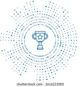 Blue line Award cup icon isolated on white background. Winner trophy symbol. Championship or competition trophy. Sports achievement sign. Abstract circle random dots. Vector Illustration