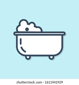 Blue line Baby bathtub with foam bubbles inside icon isolated on blue background.  Vector Illustration
