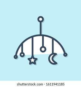 Blue line Baby crib hanging toys icon isolated on blue background. Baby bed carousel.  Vector Illustration