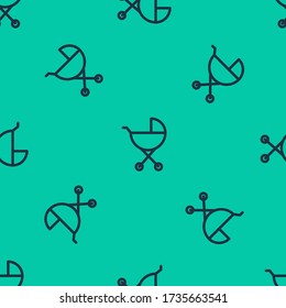 Blue line Baby stroller icon isolated seamless pattern on green background. Baby carriage, buggy, pram, stroller, wheel.  Vector Illustration