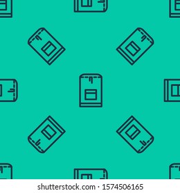 Blue line Backpack icon isolated seamless pattern on green background. Diving underwater equipment.  Vector Illustration
