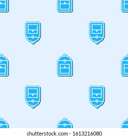 Blue line Backpack icon isolated seamless pattern on grey background.  Vector Illustration