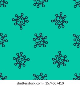 Blue line Bacteria icon isolated seamless pattern on green background. Bacteria and germs, microorganism disease causing, cell cancer, microbe, virus, fungi.  Vector Illustration