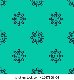 Icono de la bacteria de la línea azul aislado en un patrón sin fisuras en el fondo verde. Bacterias y gérmenes, microorganismos causantes de enfermedades, cáncer celular, microbio, virus, hongos.  Ilustración vectorial