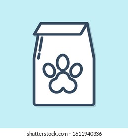 Blue line Bag of food for pet icon isolated on blue background. Food for animals. Pet food package. Dog or cat paw print.  Vector Illustration