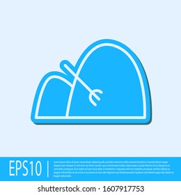 Blue line Bale of hay and rake icon isolated on grey background.  Vector Illustration