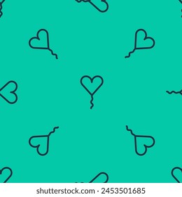 Blue line Balloon in form of heart with ribbon icon isolated seamless pattern on green background. Valentines day.  Vector