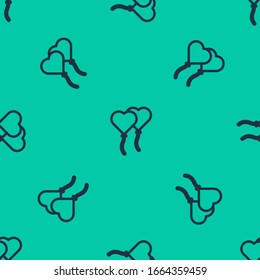 Blue line Balloons in form of heart with ribbon icon isolated seamless pattern on green background. Valentines day.  Vector Illustration