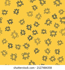Blue line Bar of soap icon isolated seamless pattern on yellow background. Soap bar with bubbles.  Vector Illustration