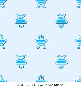 Blue line Barbecue grill icon isolated seamless pattern on grey background. BBQ grill party.  Vector Illustration