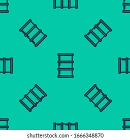 Blue line Barrel oil icon isolated seamless pattern on green background.  Vector Illustration