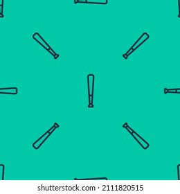 Icono de bate de béisbol de línea azul aislado sin fisuras sobre fondo verde. Equipamiento deportivo.  Vector