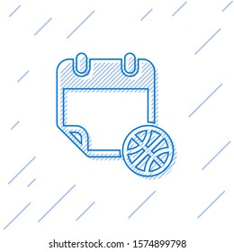 Blue line Basketball on sport calendar icon isolated on white background.  Vector Illustration